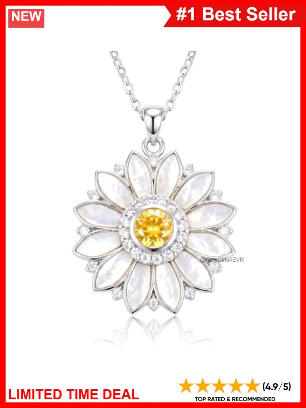 925 Sterling Silver Sunflower Pendant Necklace Shell Inlay Cubic Zirconia 18in